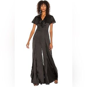 Satin Jumpsuit Ruffle Trim Formal‎ Party Occasion Black Wide Leg